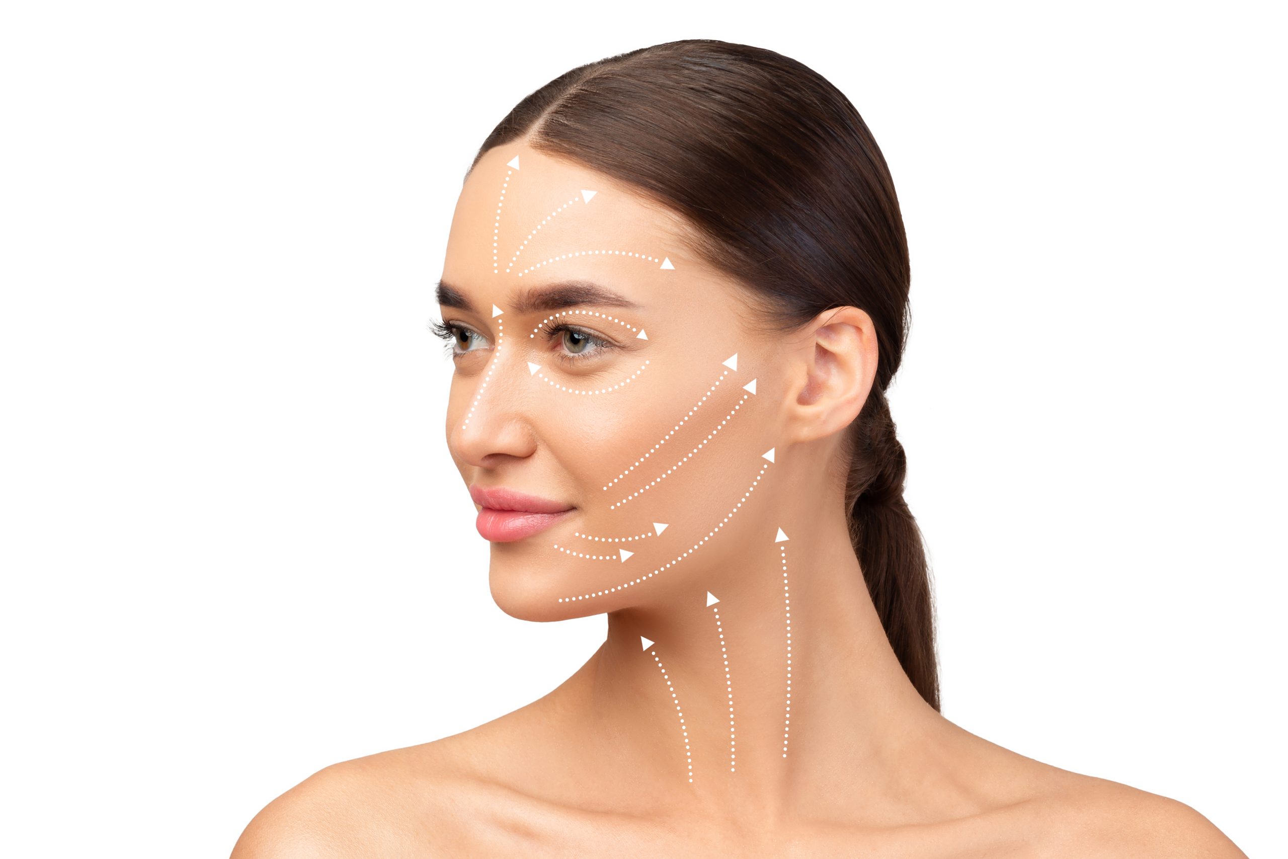 European Lady Posing With Lifting Arrows On Face, White Background